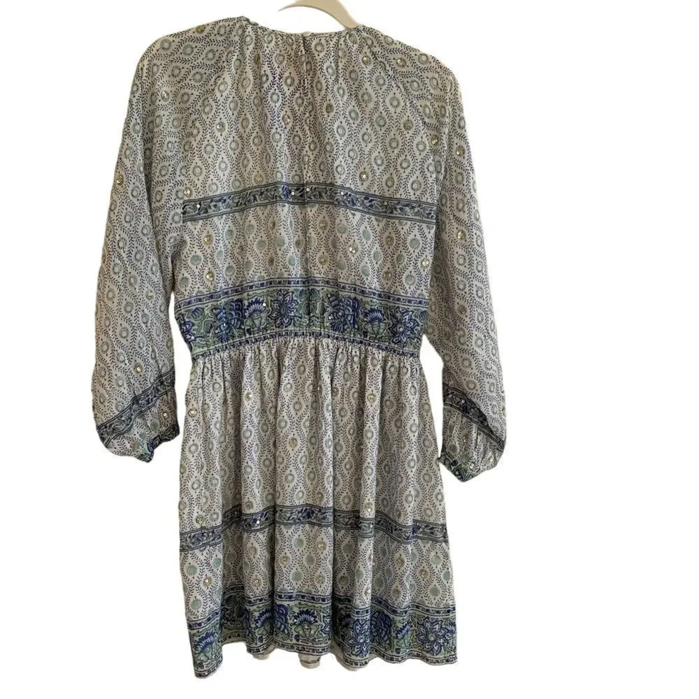 Boho Mini Dress Blue Green Print Sz M - Picture 8 of 11